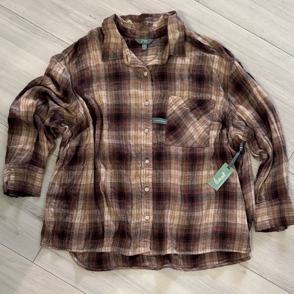 Terra & Sky Soft Plaid Button-Up Shirt in Brown/Multi size 2XL